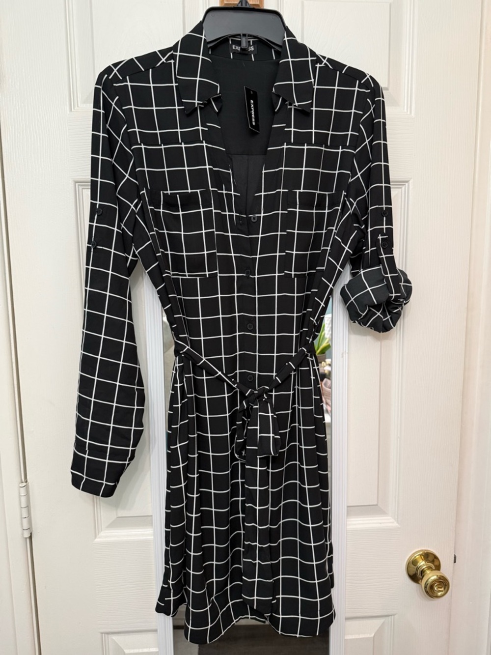 Express Black and White Windowpane Shirt Dress with Tie Waist
